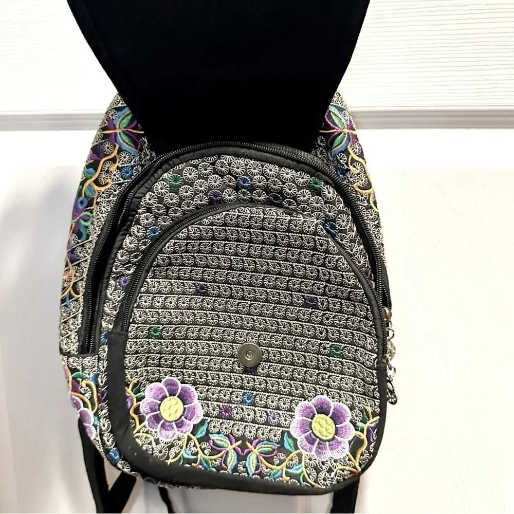 Floral Embroided Backpack Boho Bohemian Black Purple Mexican
